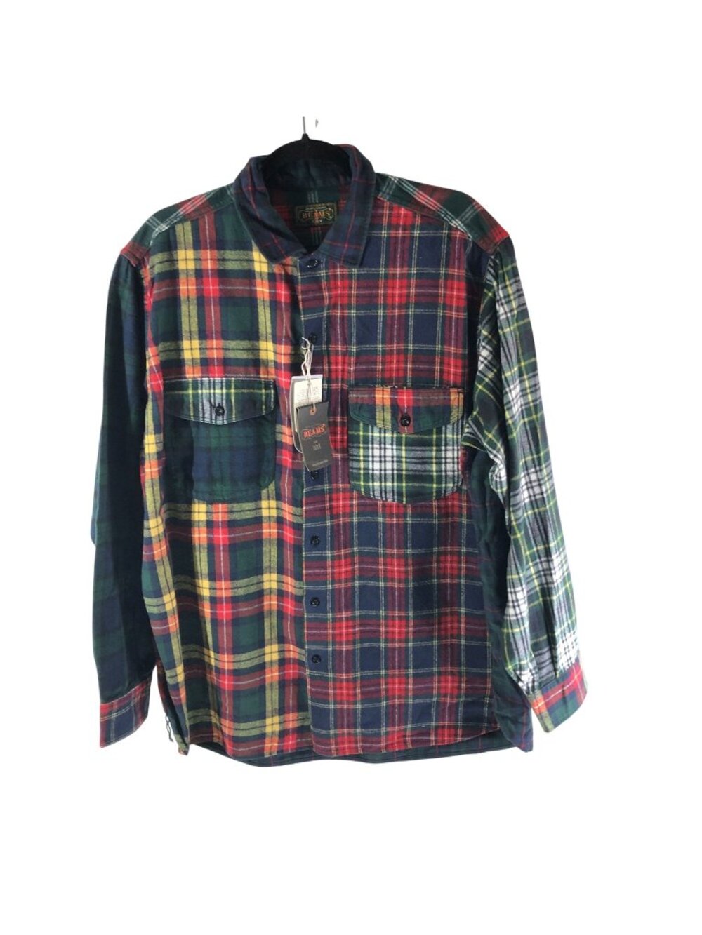 J Crew BEAMS Plaid Flannel Button-Down Shirt Cotton Patchwork Colorful XL